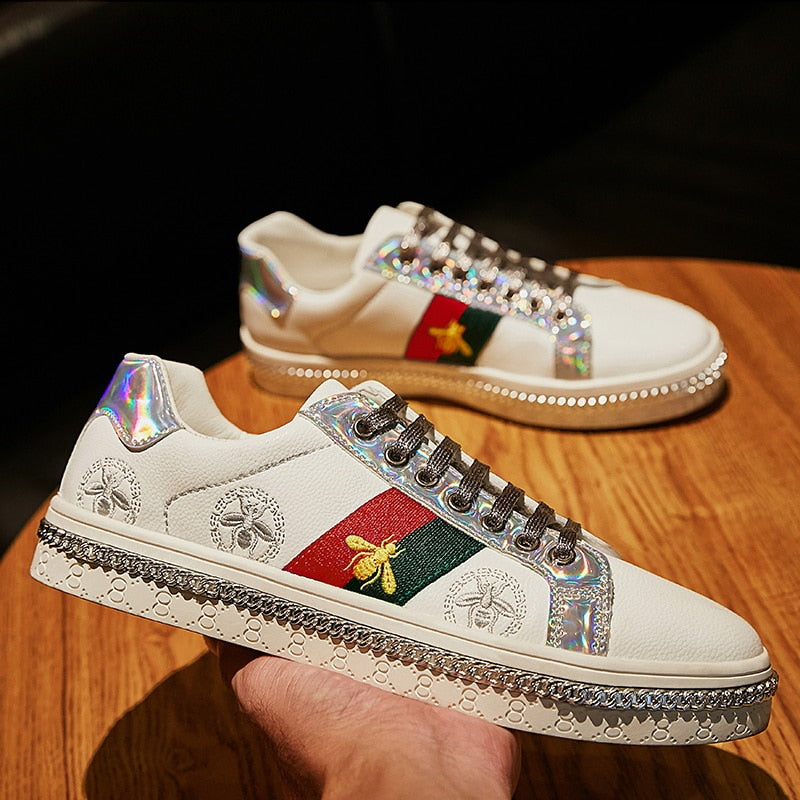 Gold Trim Trendy Fashion Leather Sneakers Casual Men's Women's Shoes