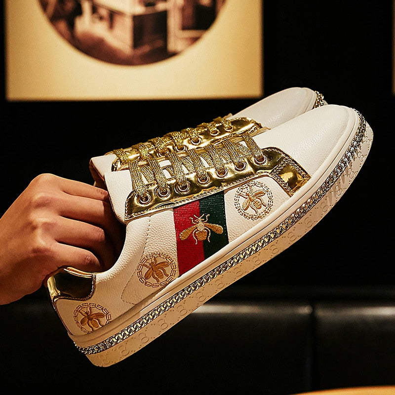 Gold Trim Trendy Fashion Leather Sneakers Casual Men's Women's Shoes