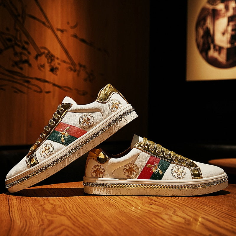 Gold Trim Trendy Fashion Leather Sneakers Casual Men's Women's Shoes