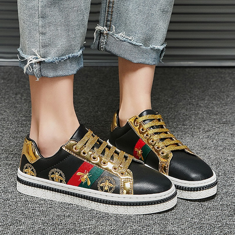 Gold Trim Trendy Fashion Leather Sneakers Casual Men's Women's Shoes