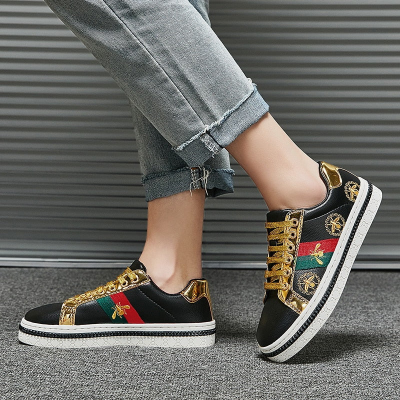 Gold Trim Trendy Fashion Leather Sneakers Casual Men's Women's Shoes
