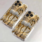 Two gold phone cases with horse designs on a light gray background