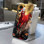 Phone case with a red horse design on a table with a blurred background