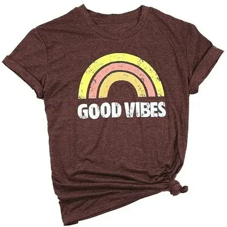 "Good Vibes" Groovy T-shirt Trendy Rainbow Tee Summer Positivity Women's Motivational Top