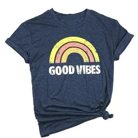 "Good Vibes" Groovy T-shirt Trendy Rainbow Tee Summer Positivity Women's Motivational Top