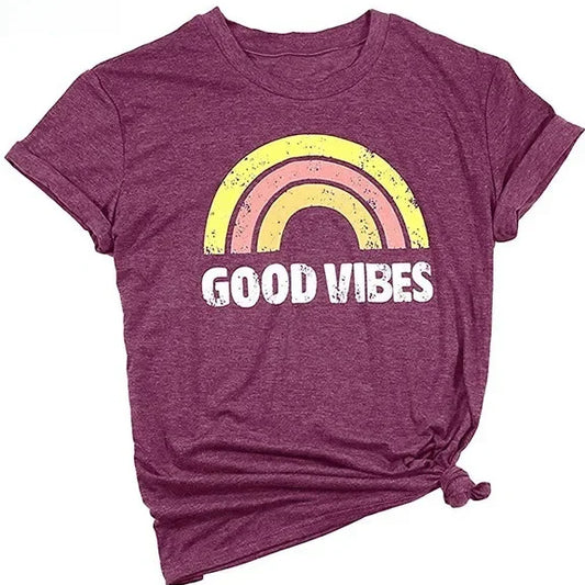 "Good Vibes" Groovy T-shirt Trendy Rainbow Tee Summer Positivity Women's Motivational Top