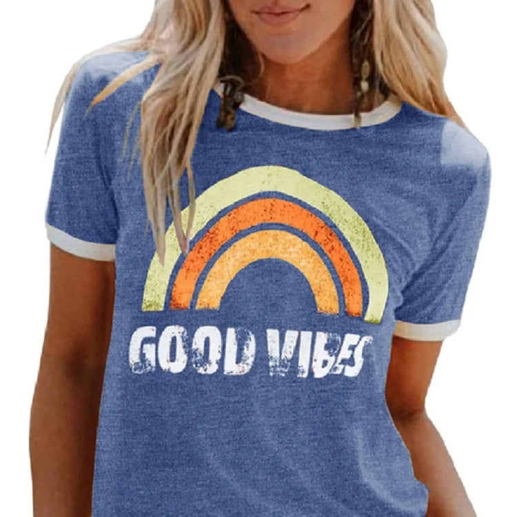 Groovy "Good Vibes" T-shirt Rainbow Summer Women's Top