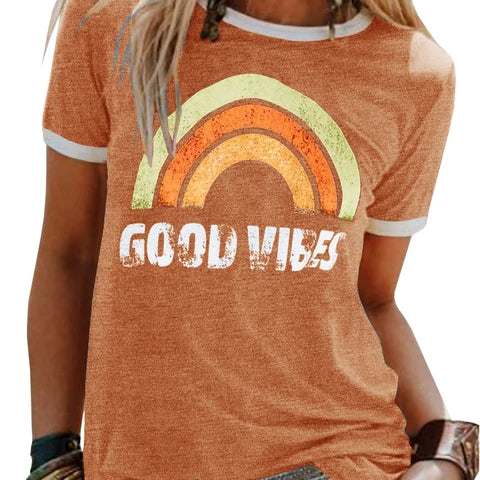 Groovy "Good Vibes" T-shirt Rainbow Summer Women's Top