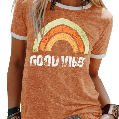 "Good Vibes" Groovy T-shirt Trendy Rainbow Tee Summer Positivity Women's Motivational Top