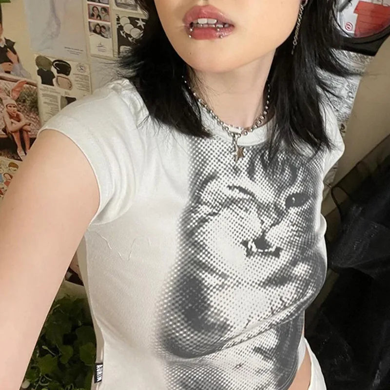 Vintage Wild Cat Pixel Print Crop Top T-shirt Women's