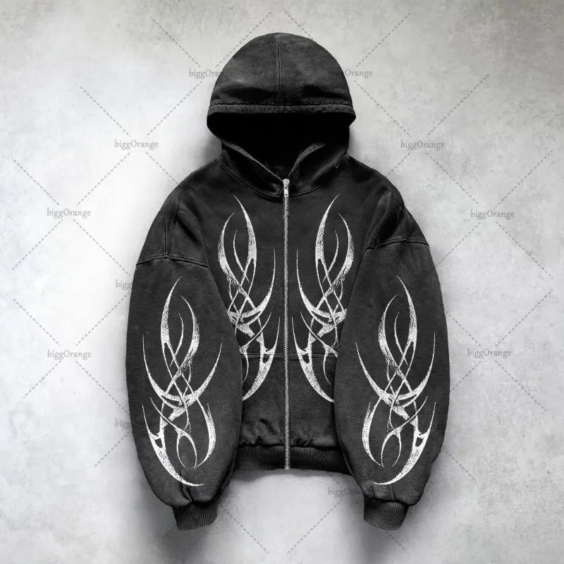 Gothic Punk Graphic Print Oversized Hoodie Y2K Full Zip