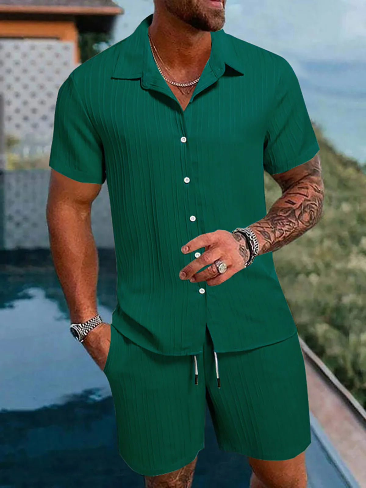 Men Casual Short Sleeve Shirt & Shorts 2pcs Combo Set Summer