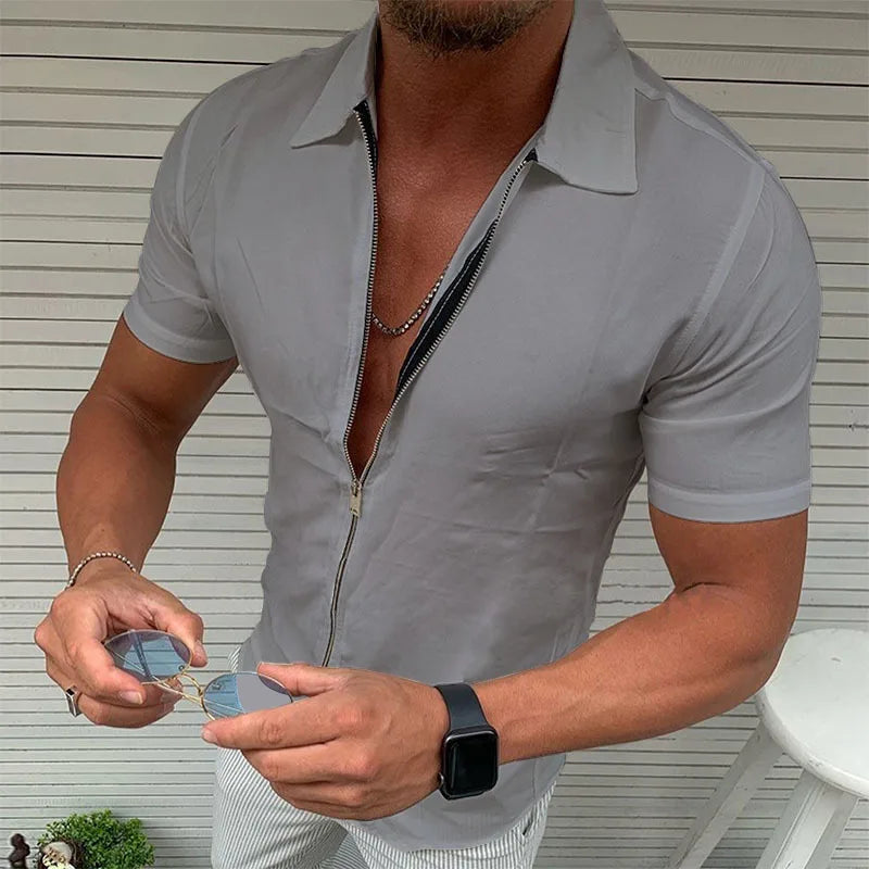 Men's Lightweight Zipper Short Sleeve Shirt Slim Fit