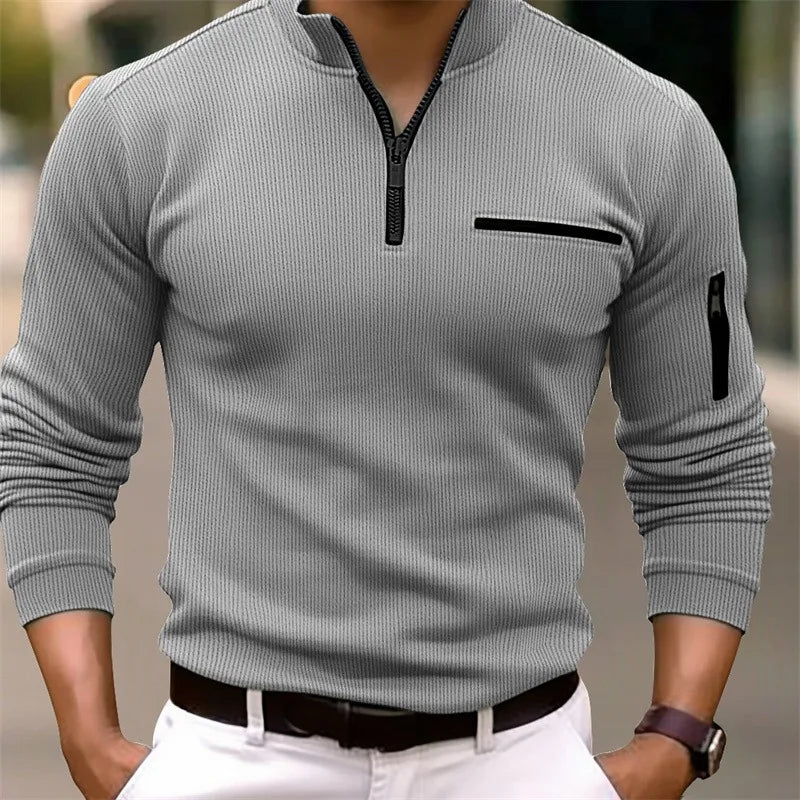 Quarter-Zip Pullover With Zipper Arm Long-Sleeve Polo Shirt
