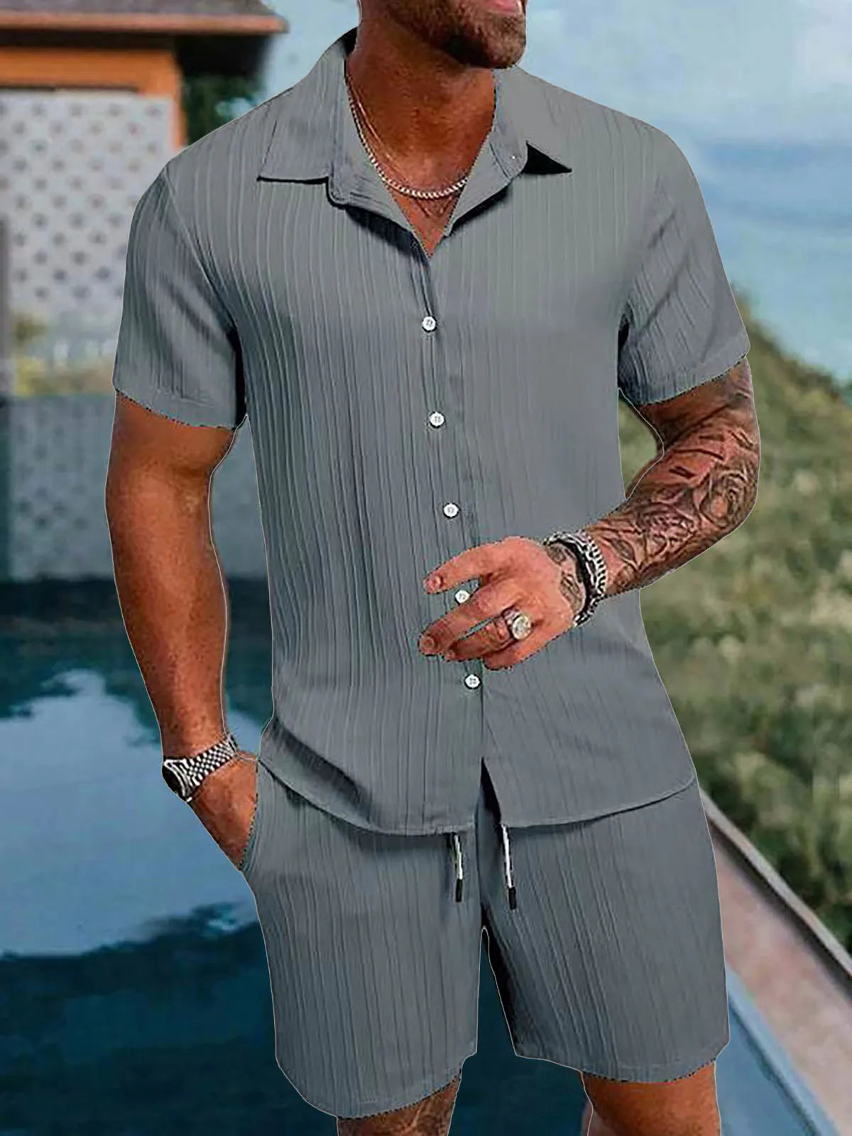 Men Casual Short Sleeve Shirt & Shorts 2pcs Combo Set Summer