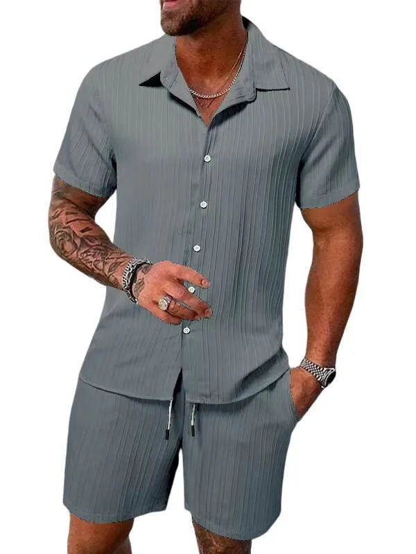 Men Casual Short Sleeve Shirt & Shorts 2pcs Combo Set Summer