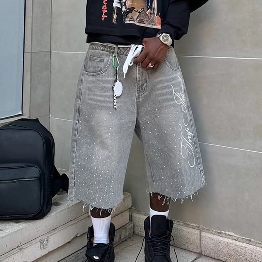 Men's Summer Denim Shorts Letter Embroidered Rhinestone Jorts Fashion Streetwear
