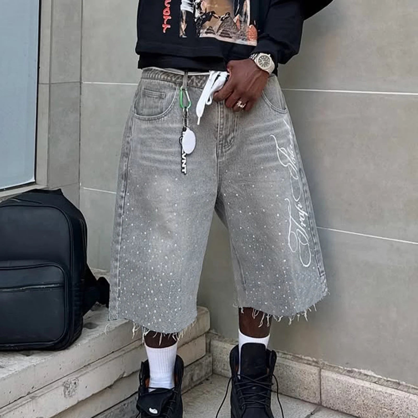 Men's Summer Denim Shorts Letter Embroidered Rhinestone Jorts Fashion Streetwear