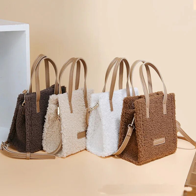 Tote Crossbody Handbag Plush Fluffy Faux-Fur-Wool Shoulder Bag Purse