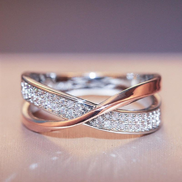 Dazzling X-Cross-Shape Ring Two-Tone CZ Stone Jewelry