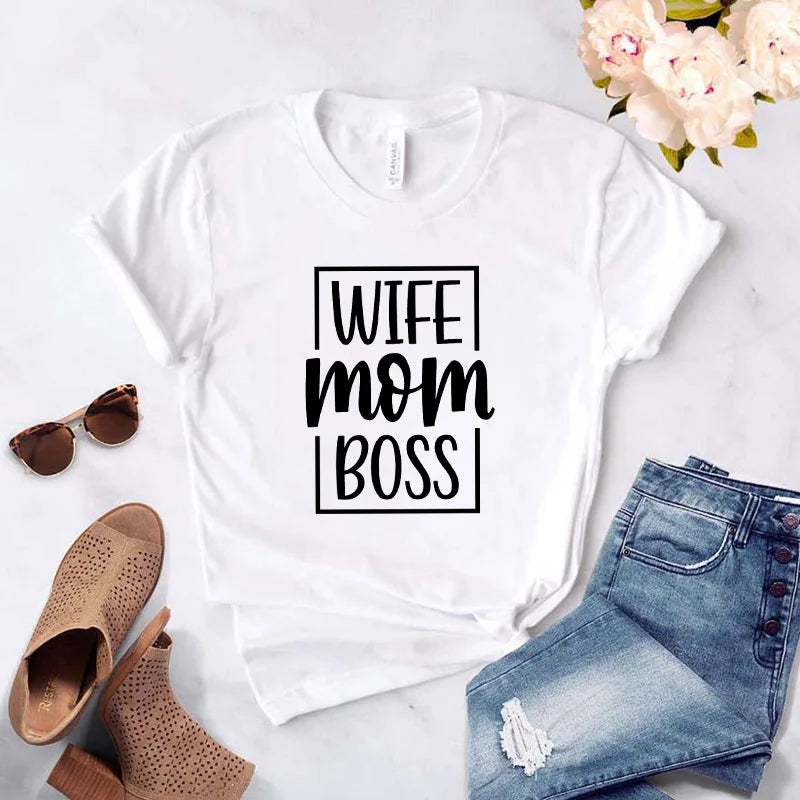 "Wife Mom Boss" Women's T-shirt Printed Letters Funny Top Mothers