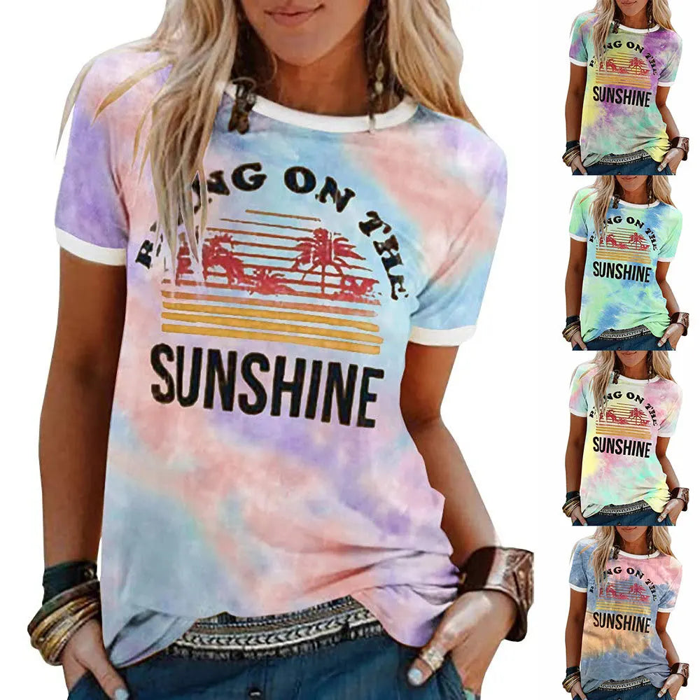 "Bring On The Sunshine" Groovy Graphic Women's Trendy Summer Tie-Dyed Chic T-shirt