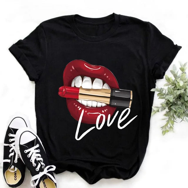 Kiss Lipstick Lips Creative Women's Soft T-Shirt Graphic Print Top