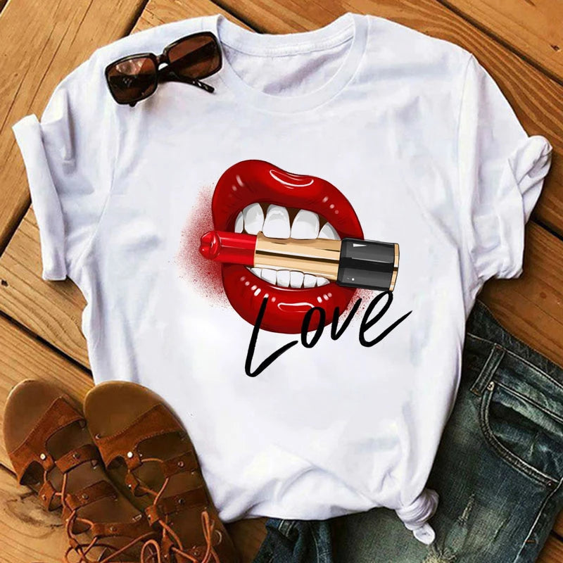 Kiss Lipstick Lips Creative Women's Soft T-Shirt Graphic Print Top