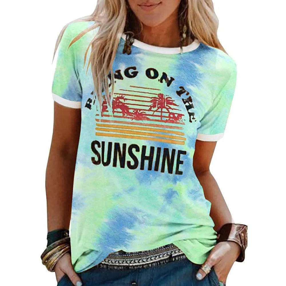 "Bring On The Sunshine" Groovy Graphic Women's Trendy Summer Tie-Dyed Chic T-shirt