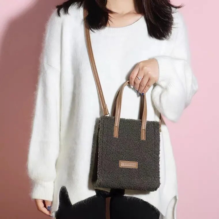 Tote Crossbody Handbag Plush Fluffy Faux-Fur-Wool Shoulder Bag Purse