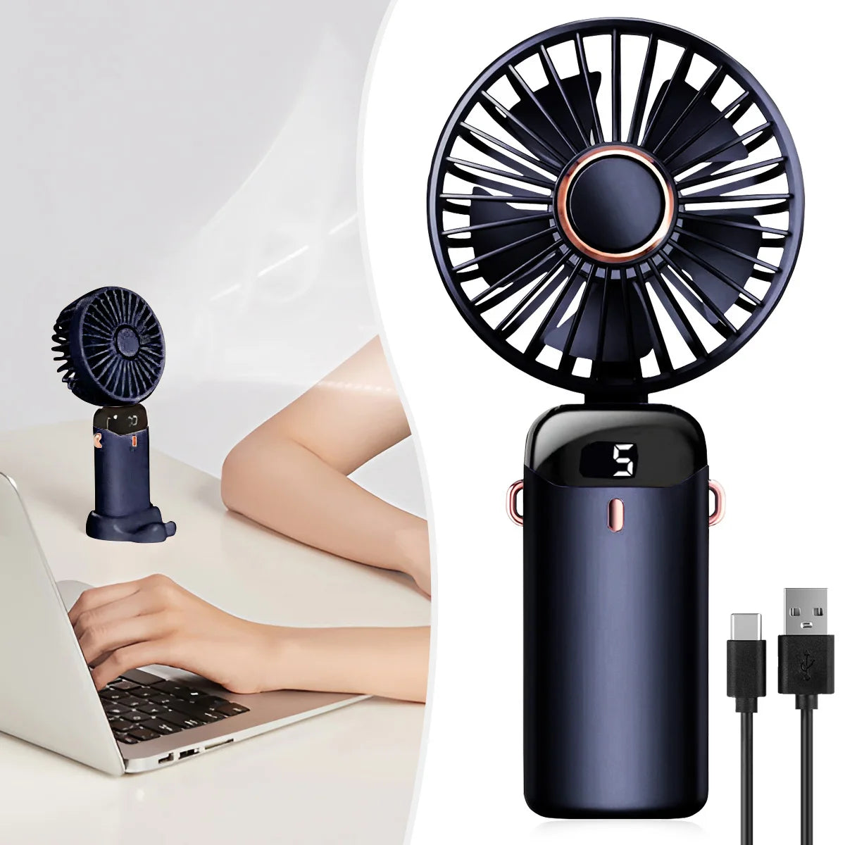 Personal Mini Cooling Fan and Desk Phone Stand Portable 5-Speed 1800mAh Rechargeable