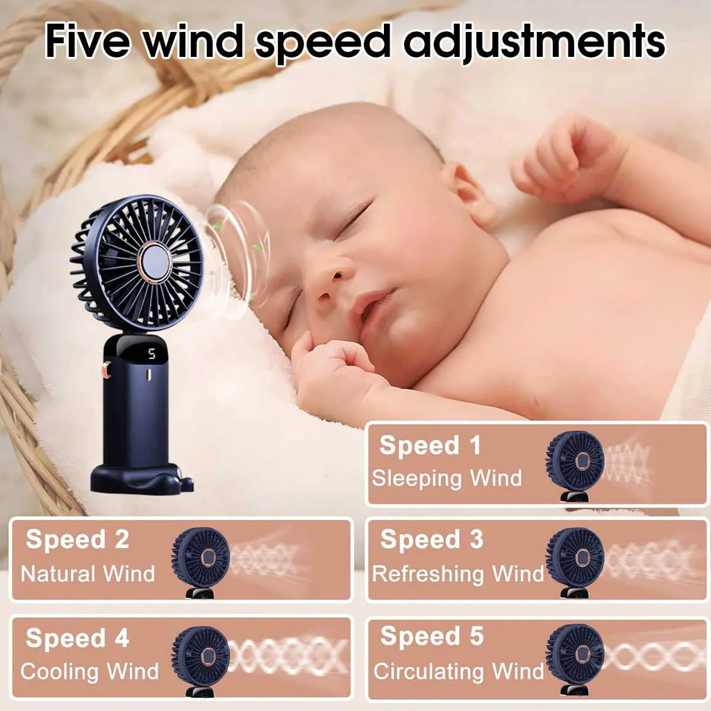 Personal Mini Cooling Fan and Desk Phone Stand Portable 5-Speed 1800mAh Rechargeable