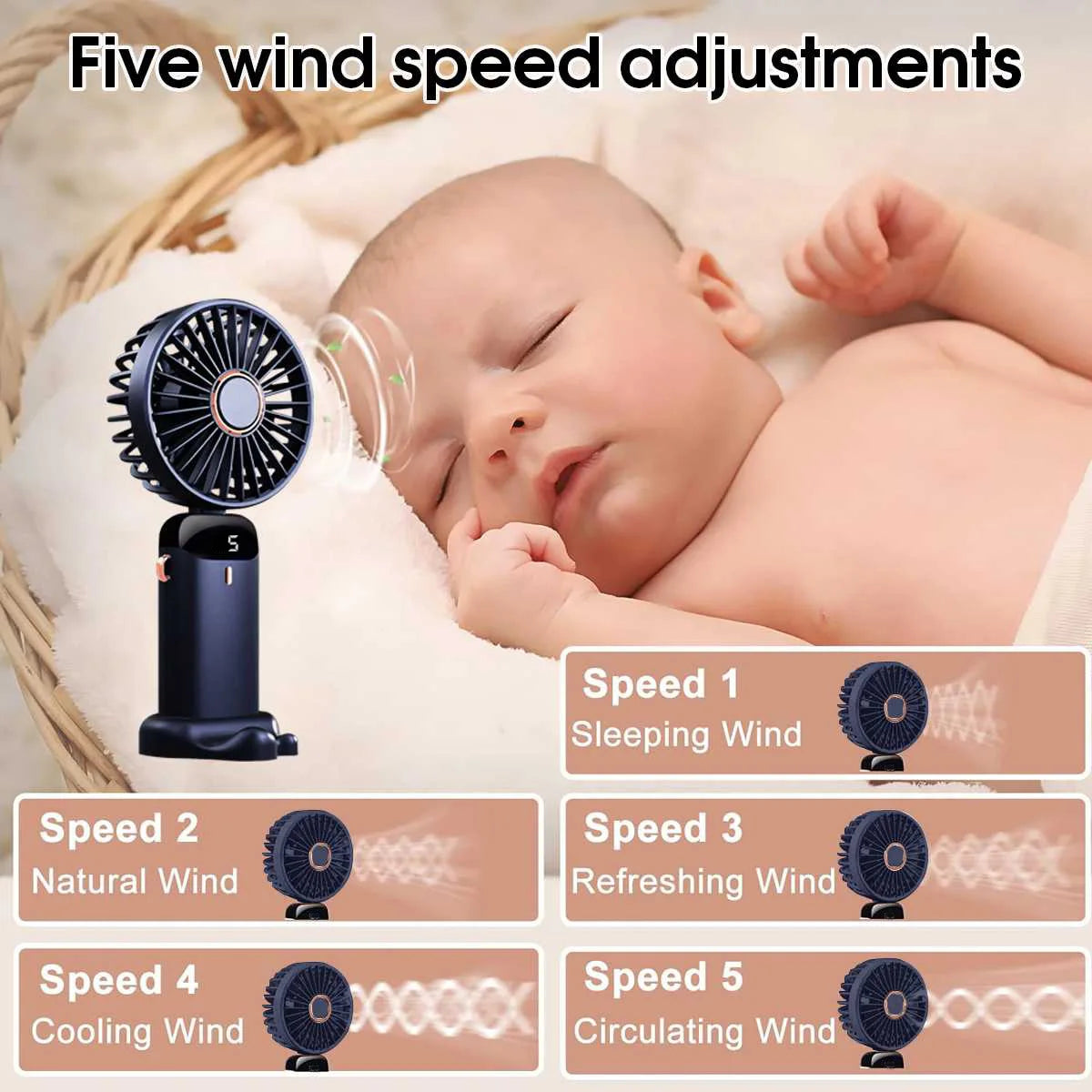 Personal Mini Cooling Fan and Desk Phone Stand Portable 5-Speed 1800mAh Rechargeable