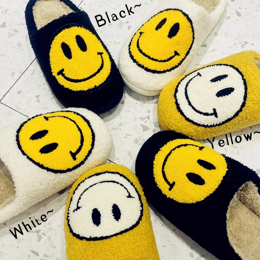 Smiley Face Slippers Happy Soft Fluffy Smiling Slides