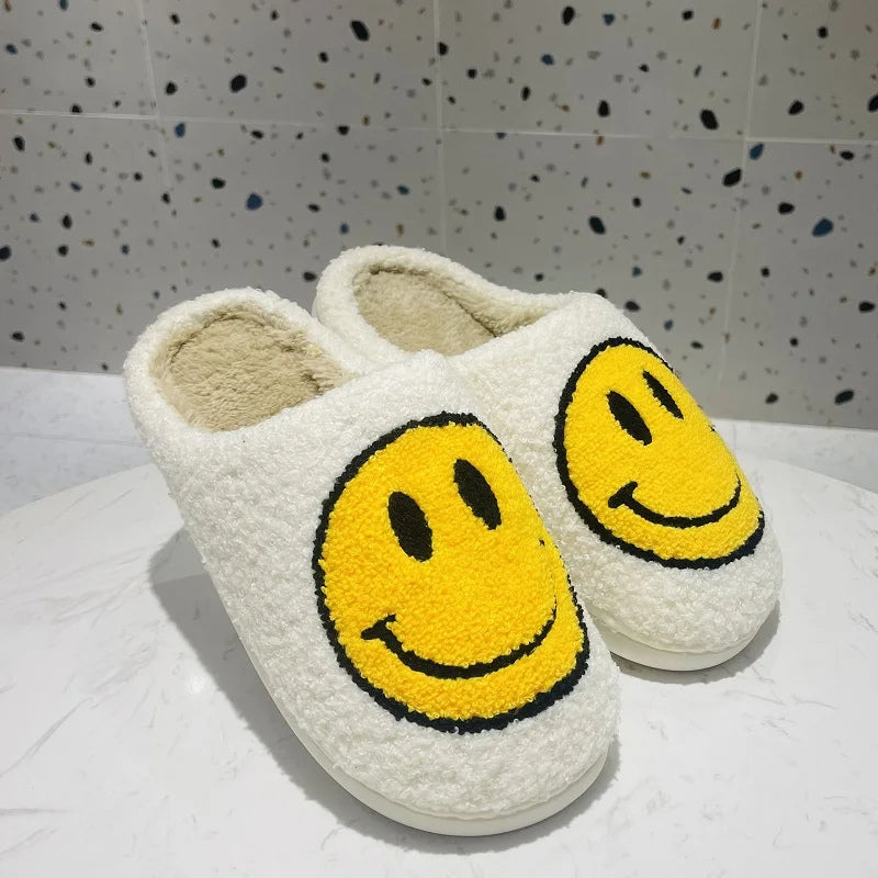 Smiley Face Soft Slippers Happy Fluffy Fur Comfortable Smiling House Shoes