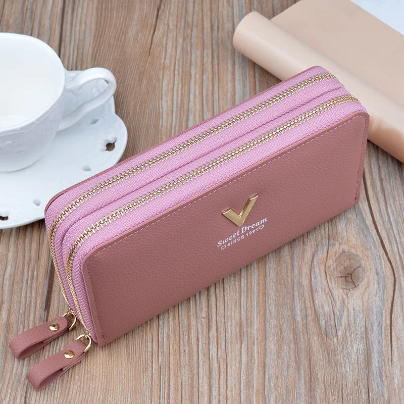 Double Zipper Purse Wallet Long Women's Clutch Wrist Bag