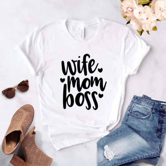 "Wife Mom Boss" Women's T-shirt Printed Letters Funny Top Mothers