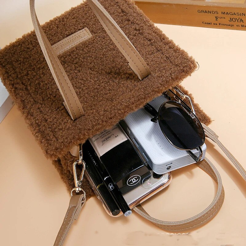 Tote Crossbody Handbag Plush Fluffy Faux-Fur-Wool Shoulder Bag Purse