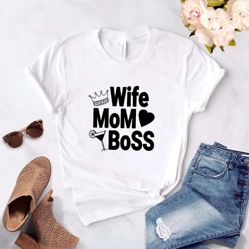 "Wife Mom Boss" Women's T-shirt Printed Letters Funny Top Mothers