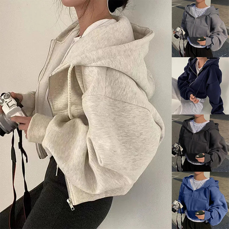 Zip Up Short Hoodie Cropped Women's