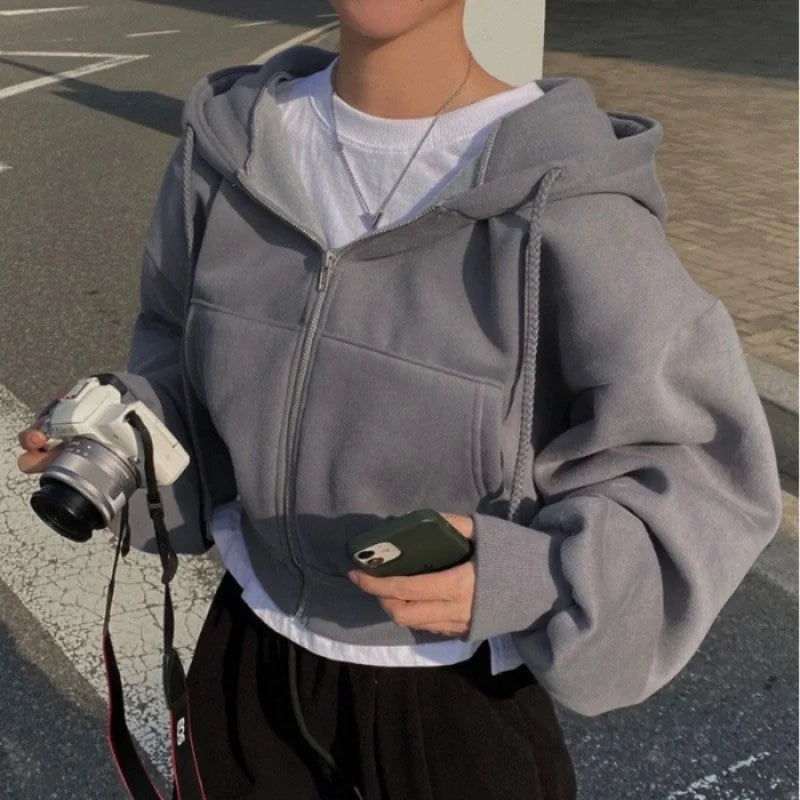 Zip Up Short Hoodie Cropped Women's