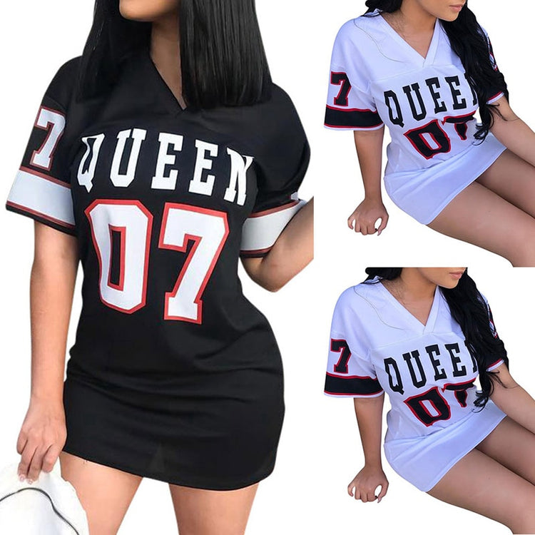 "Queen" Print Long Length T-shirt Loose Baggy V-Neck Top