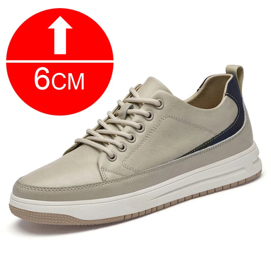 Height-Boosting 6cm Elevator Shoes Genuine Cow Leather Sneakers Heightening Make You Tall