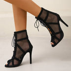 Peep Toe Mesh High Heels Lace Up Pumps Shoes