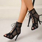 Peep Toe Mesh High Heels Lace Up Pumps Shoes