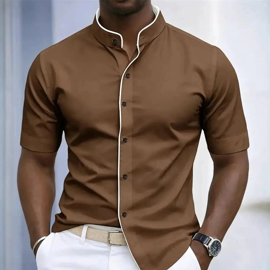 Short Sleeved Stretchy Shirt Mandarin Collar