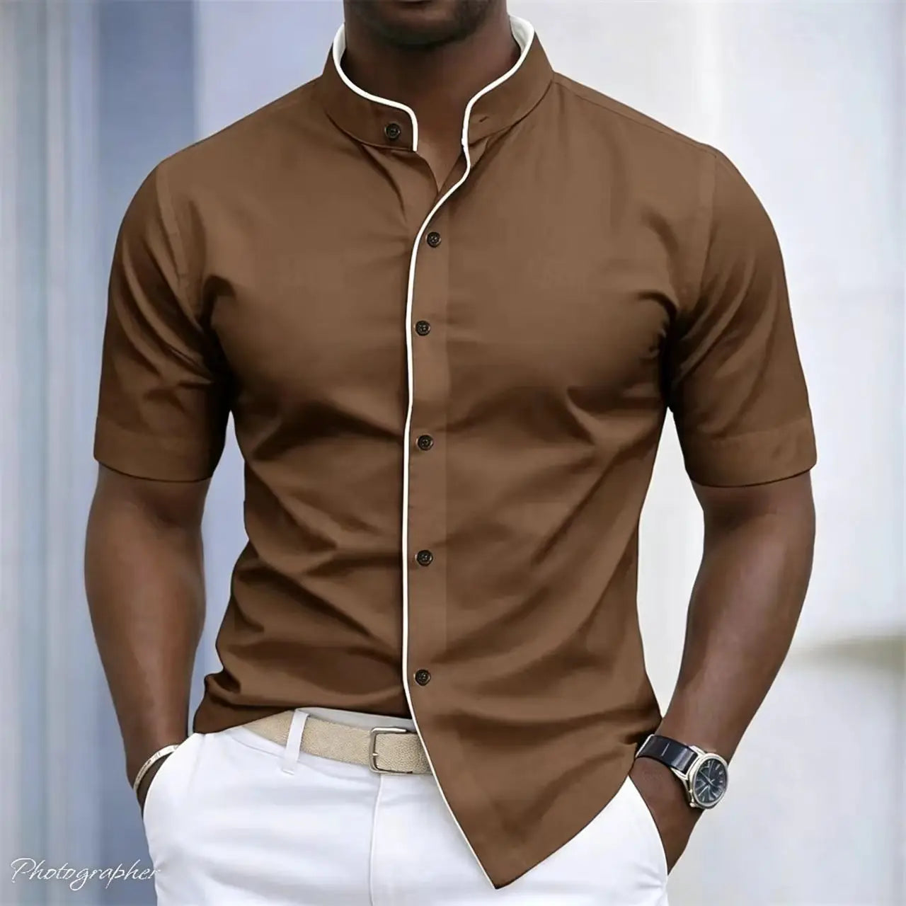 High Neck Short Sleeved Stretchy Shirt Mandarin Collar