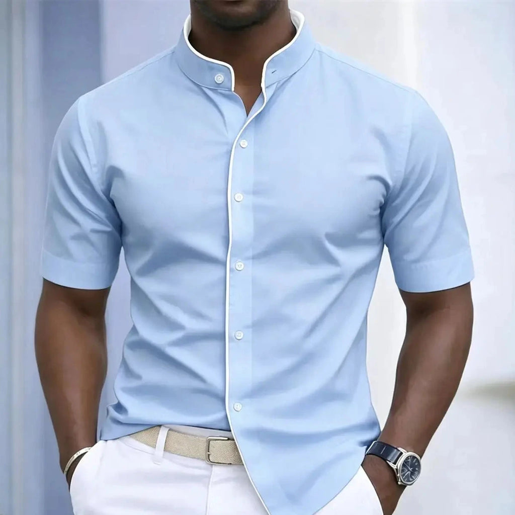 Short Sleeved Stretchy Shirt Mandarin Collar