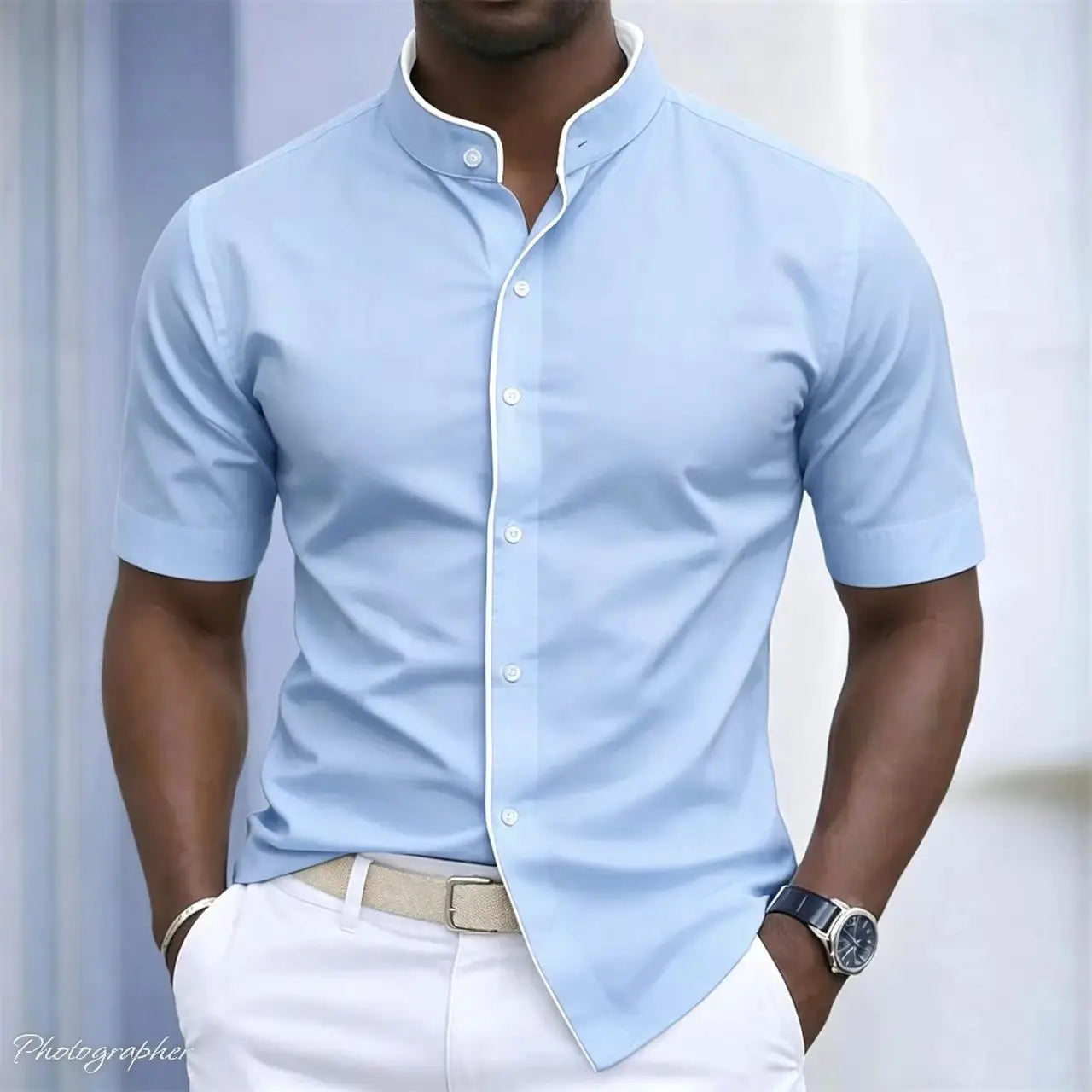 High Neck Short Sleeved Stretchy Shirt Mandarin Collar
