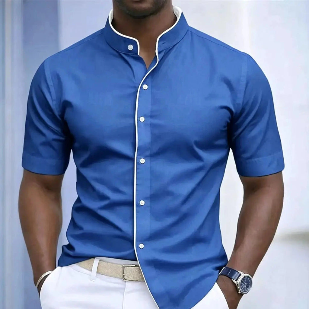 Short Sleeved Stretchy Shirt Mandarin Collar